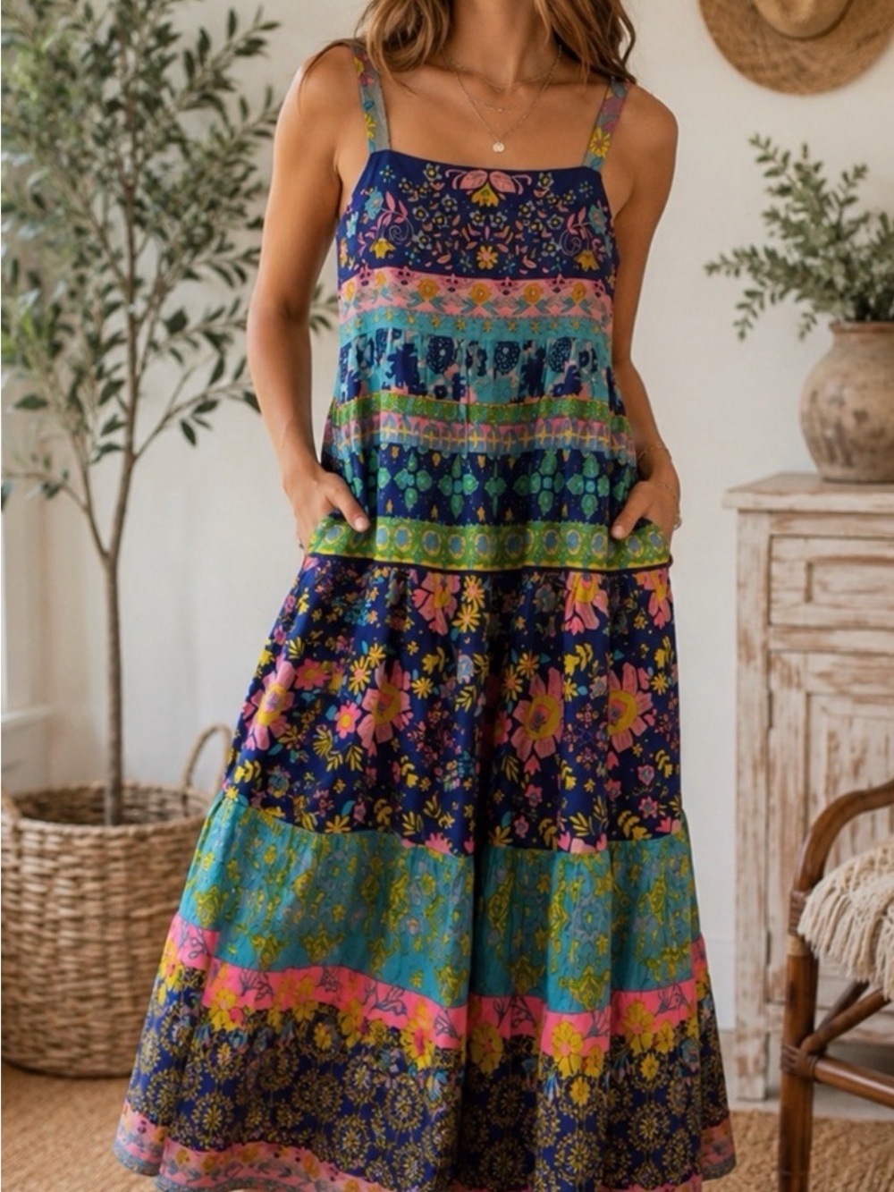 NATURAL LIFE Navy Floral Patchwork Maxi Skirt with Pink & Teal Accents